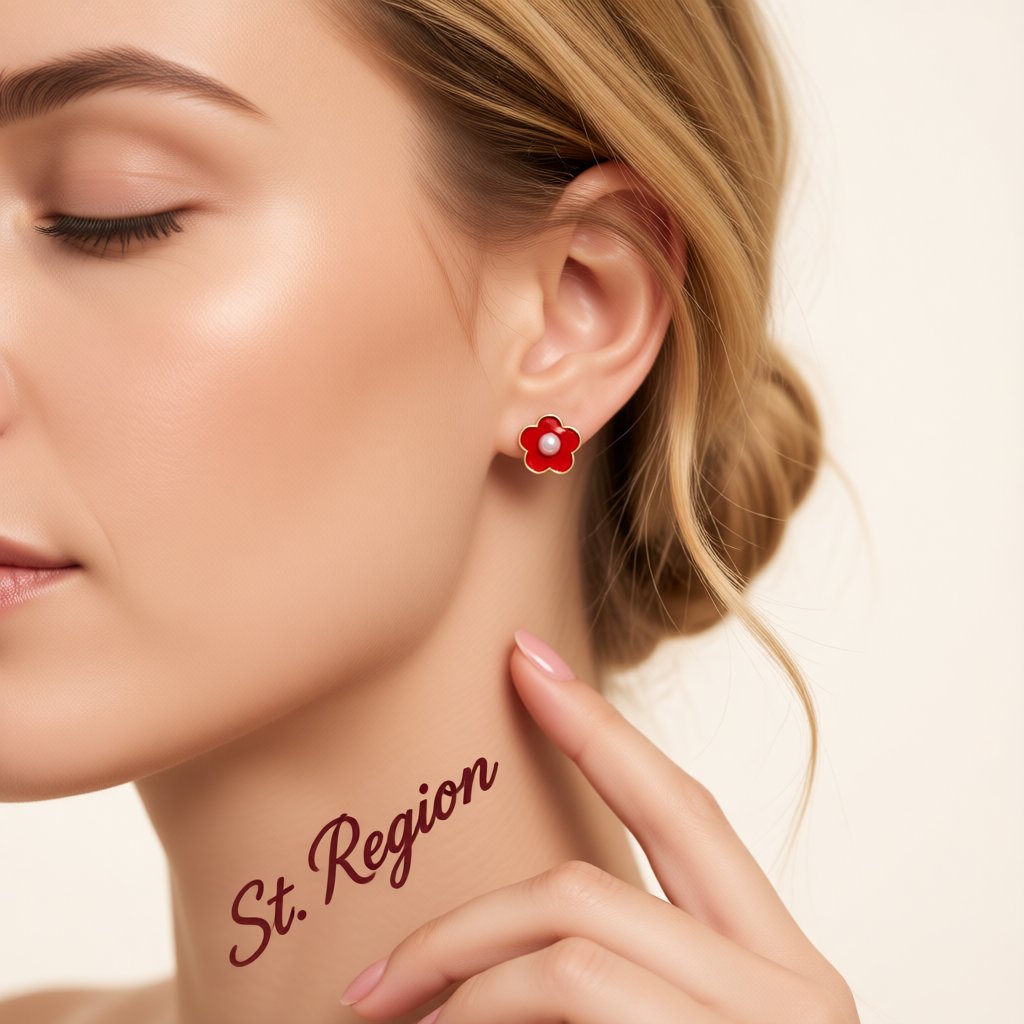 Pearl and Red Enamel Flower Stud Earrings, stud earrings for women, botanical inspired, styled look