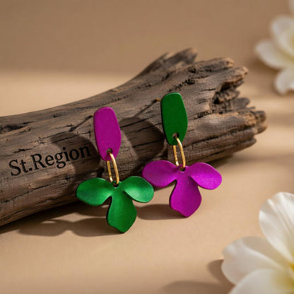 Purple and Green Enamel Petals Drop Earrings, drop earrings for women, vintage-inspired design, front view