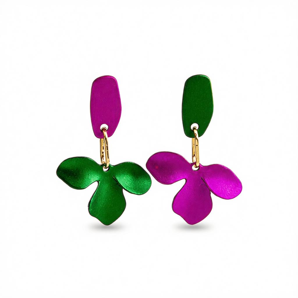 Purple and Green Enamel Petals Drop Earrings, drop earrings for women, vintage-inspired design, side view