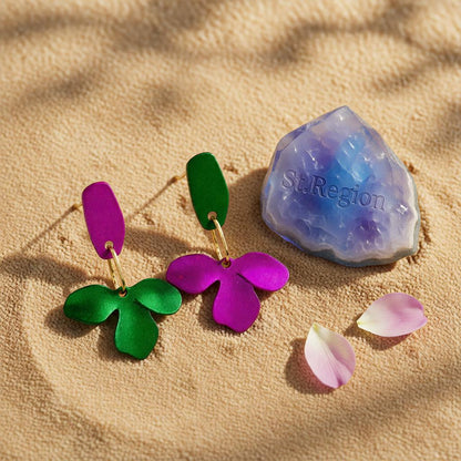 Purple and Green Enamel Petals Drop Earrings, drop earrings for women, vintage-inspired design, detail close-up