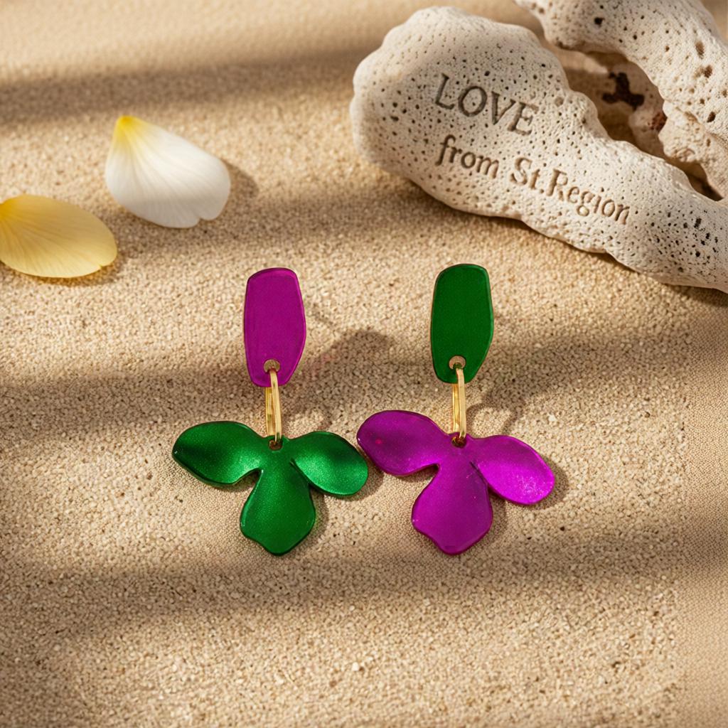 Purple and Green Enamel Petals Drop Earrings, drop earrings for women, vintage-inspired design, lifestyle look