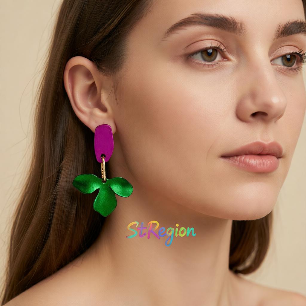 Purple and Green Enamel Petals Drop Earrings, drop earrings for women, vintage-inspired design, styled look