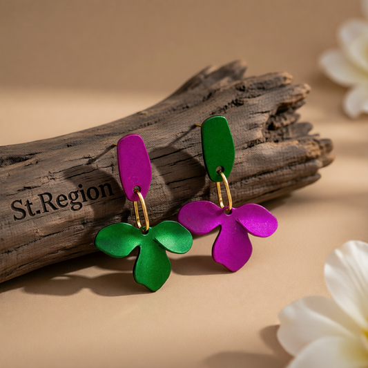 Purple & Green Enamel Petals Drop Earrings