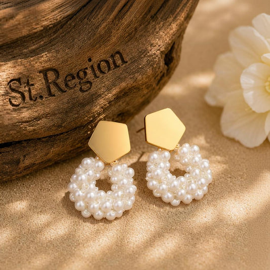 Pearl and 18K Gold-Plated Cluster Drop Earrings, gold drop earrings for women, elegant gift for her, front view