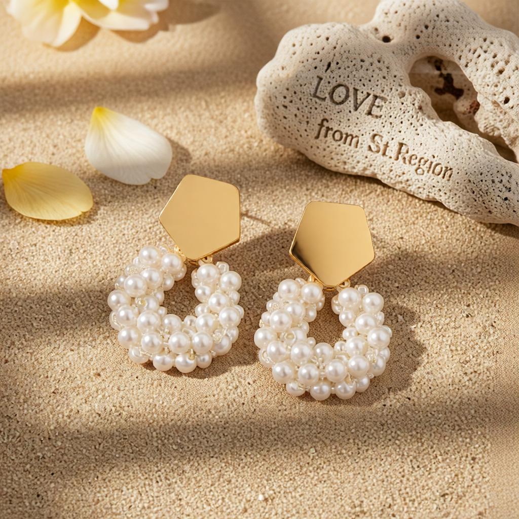 Pearl and 18K Gold-Plated Cluster Drop Earrings, gold drop earrings for women, elegant gift for her, lifestyle look