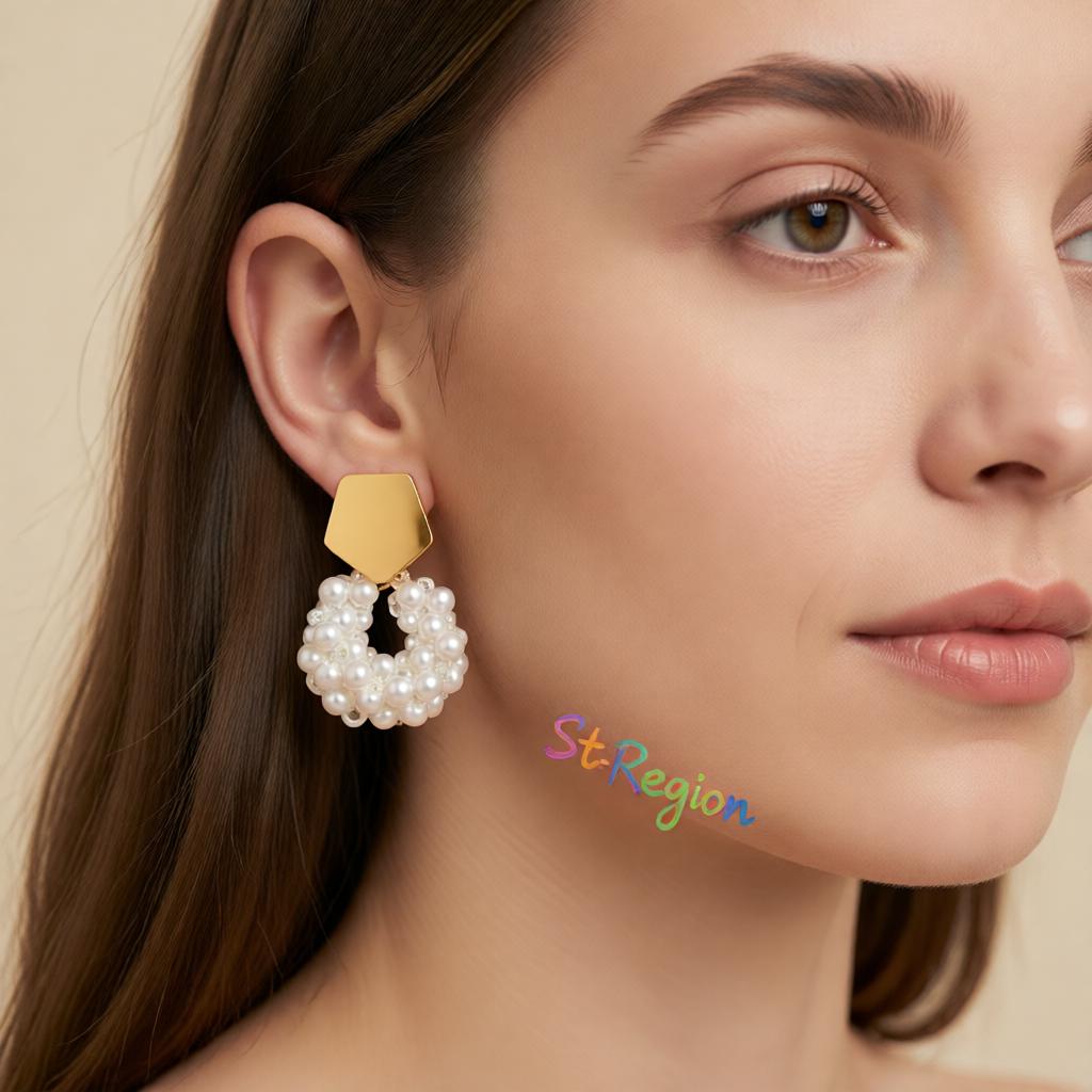 Pearl and 18K Gold-Plated Cluster Drop Earrings, gold drop earrings for women, elegant gift for her, styled look