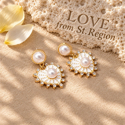 Cubic Zirconia and Pearl 18K Gold-Plated Heart Dangle Earrings, gold drop earrings for women, lifestyle look
