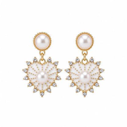 Cubic Zirconia and Pearl 18K Gold-Plated Heart Dangle Earrings, gold drop earrings for women, side view