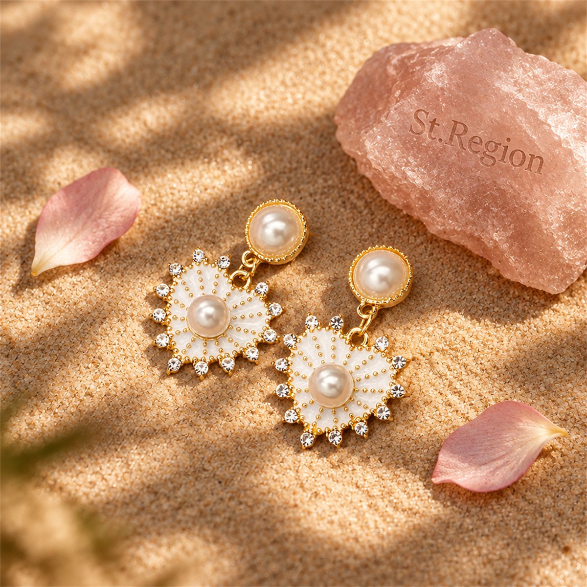 Cubic Zirconia and Pearl 18K Gold-Plated Heart Dangle Earrings, gold drop earrings for women, detail close-up