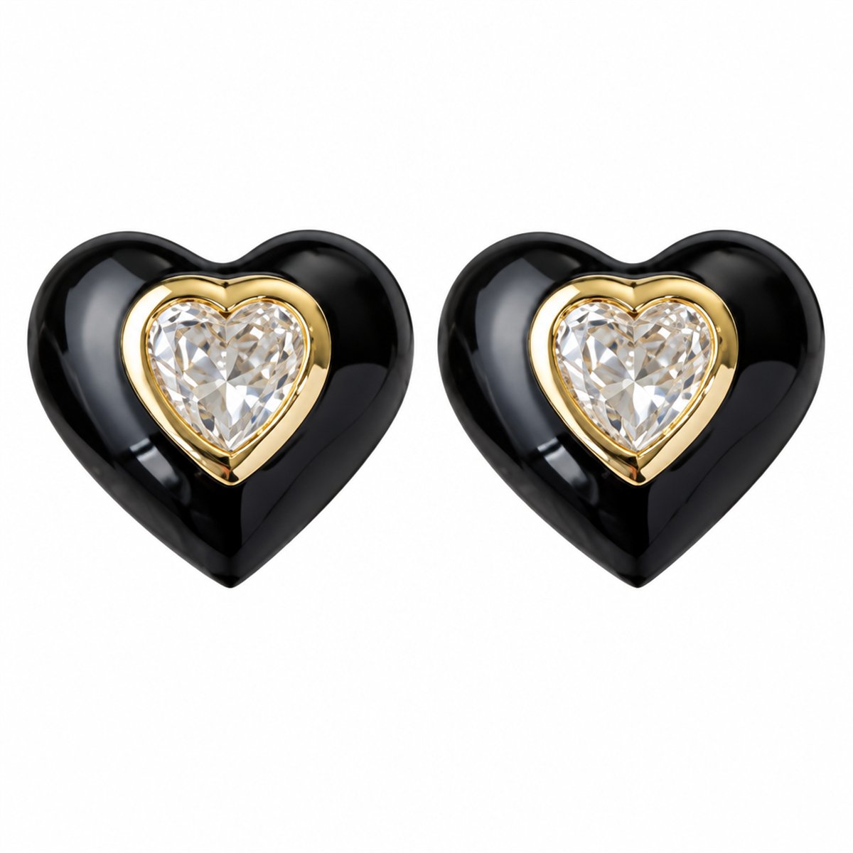 Black Enamel and Crystal 18K Gold-Plated Heart Stud Earrings, gold stud earrings for women, everyday style, side view