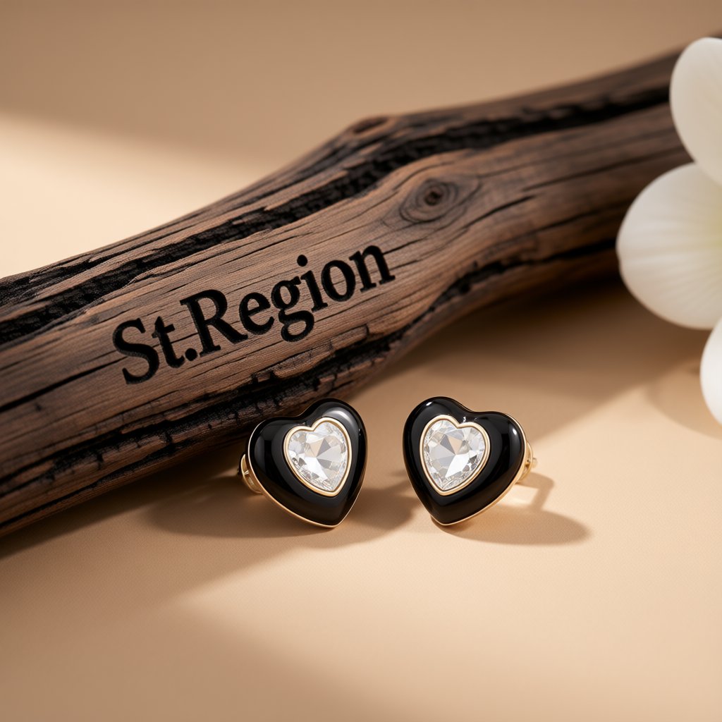 Black Enamel and Crystal 18K Gold-Plated Heart Stud Earrings, gold stud earrings for women, everyday style, front view