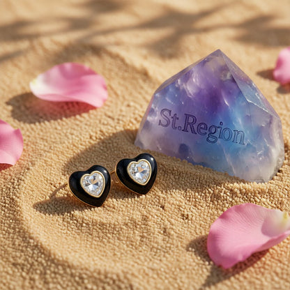 Black Enamel and Crystal 18K Gold-Plated Heart Stud Earrings, gold stud earrings for women, everyday style, detail close-up