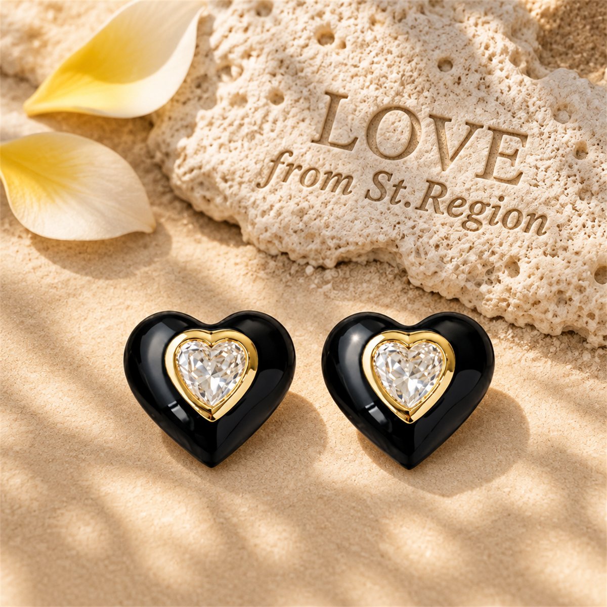 Black Enamel and Crystal 18K Gold-Plated Heart Stud Earrings, gold stud earrings for women, everyday style, lifestyle look