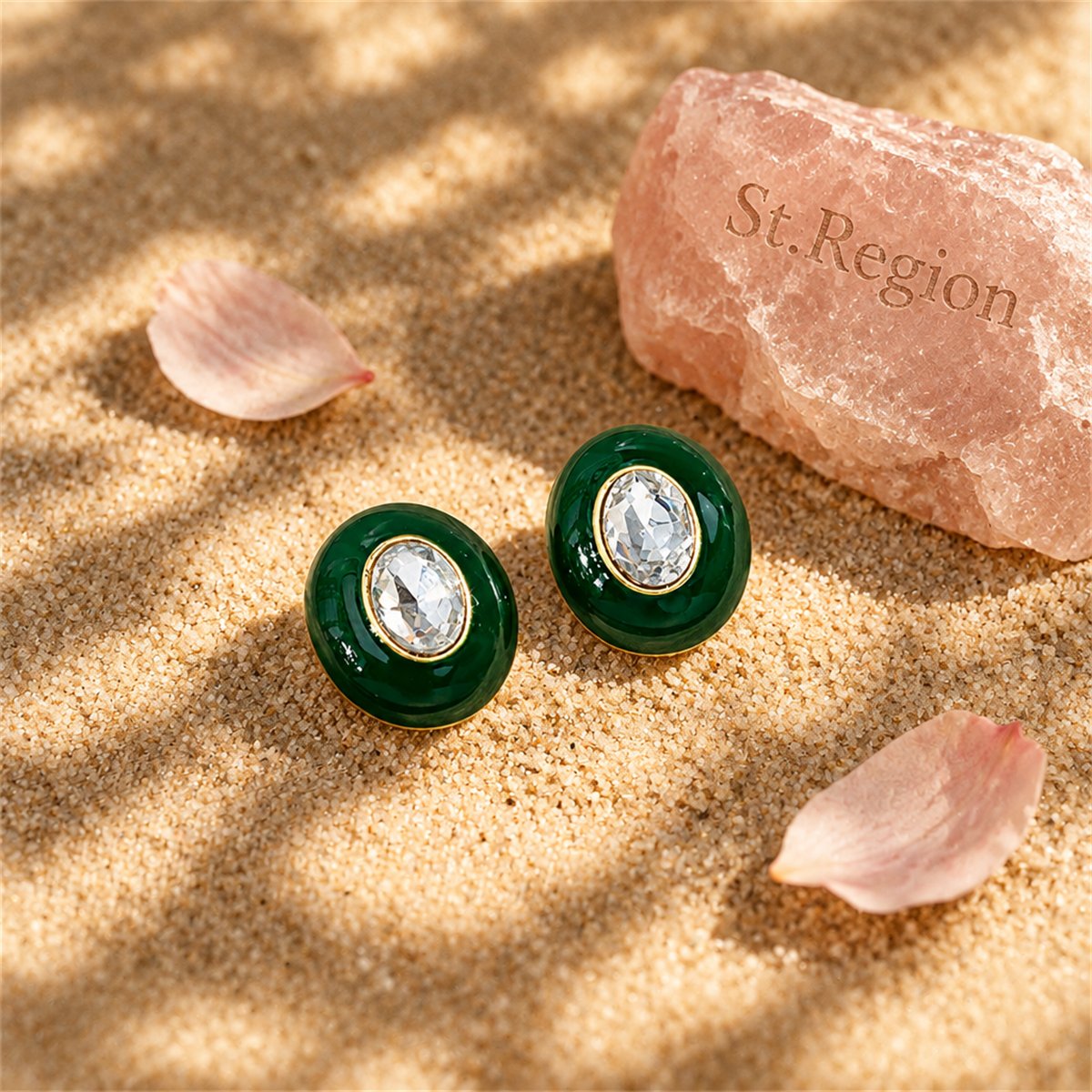 Green Enamel and Crystal Oval Stud Earrings, stud earrings for women, everyday style, detail close-up