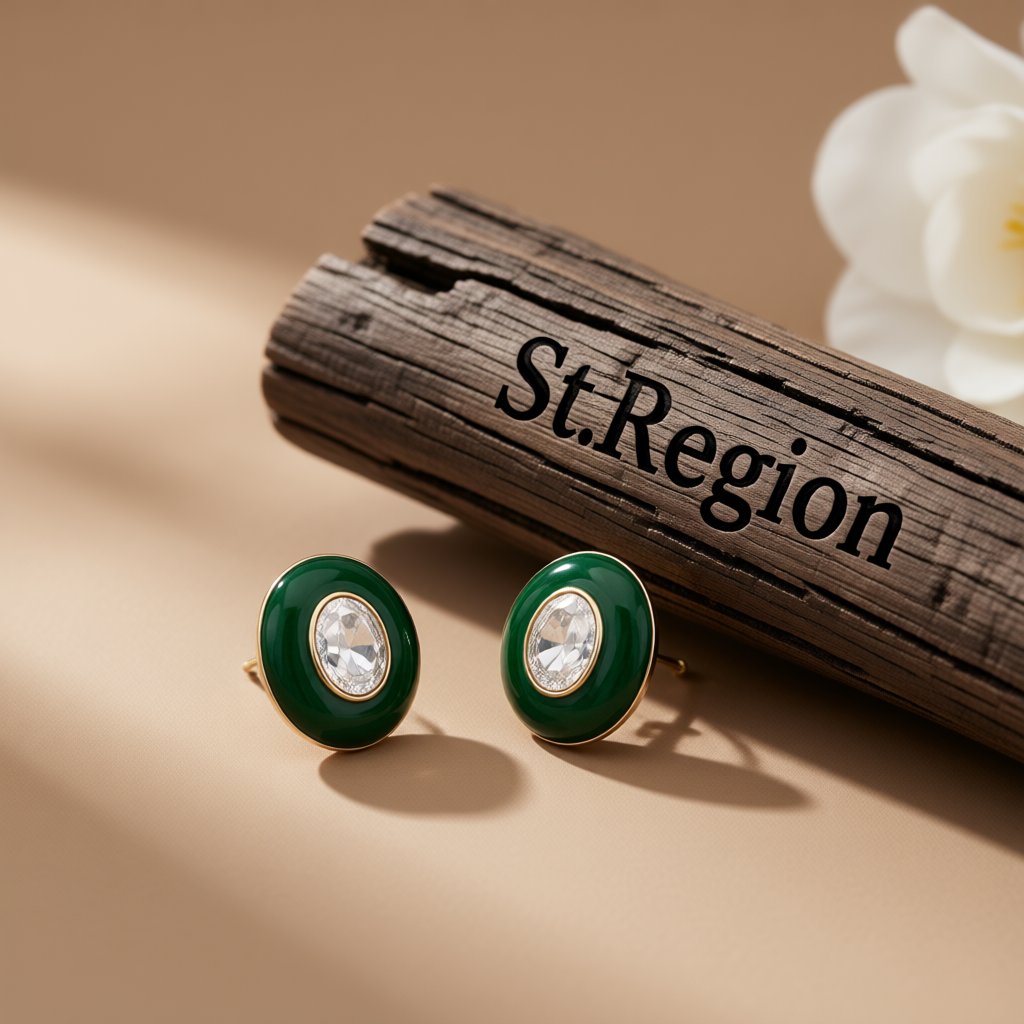 Green Enamel and Crystal Oval Stud Earrings, stud earrings for women, everyday style, front view