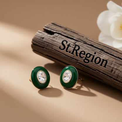 Green Enamel and Crystal Oval Stud Earrings, stud earrings for women, everyday style, front view