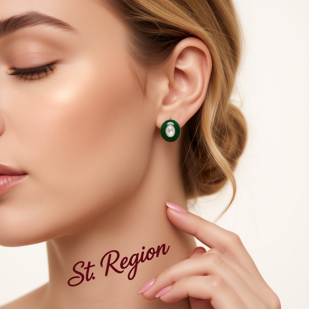 Green Enamel and Crystal Oval Stud Earrings, stud earrings for women, everyday style, styled look