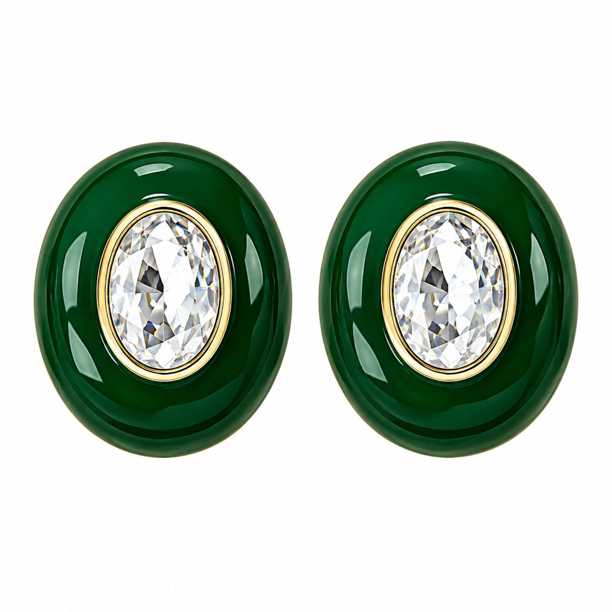Green Enamel and Crystal Oval Stud Earrings, stud earrings for women, everyday style, side view