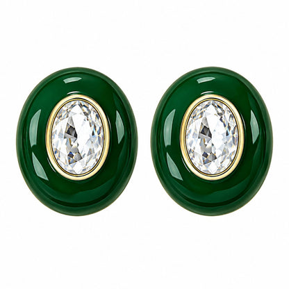 Green Enamel and Crystal Oval Stud Earrings, stud earrings for women, everyday style, side view