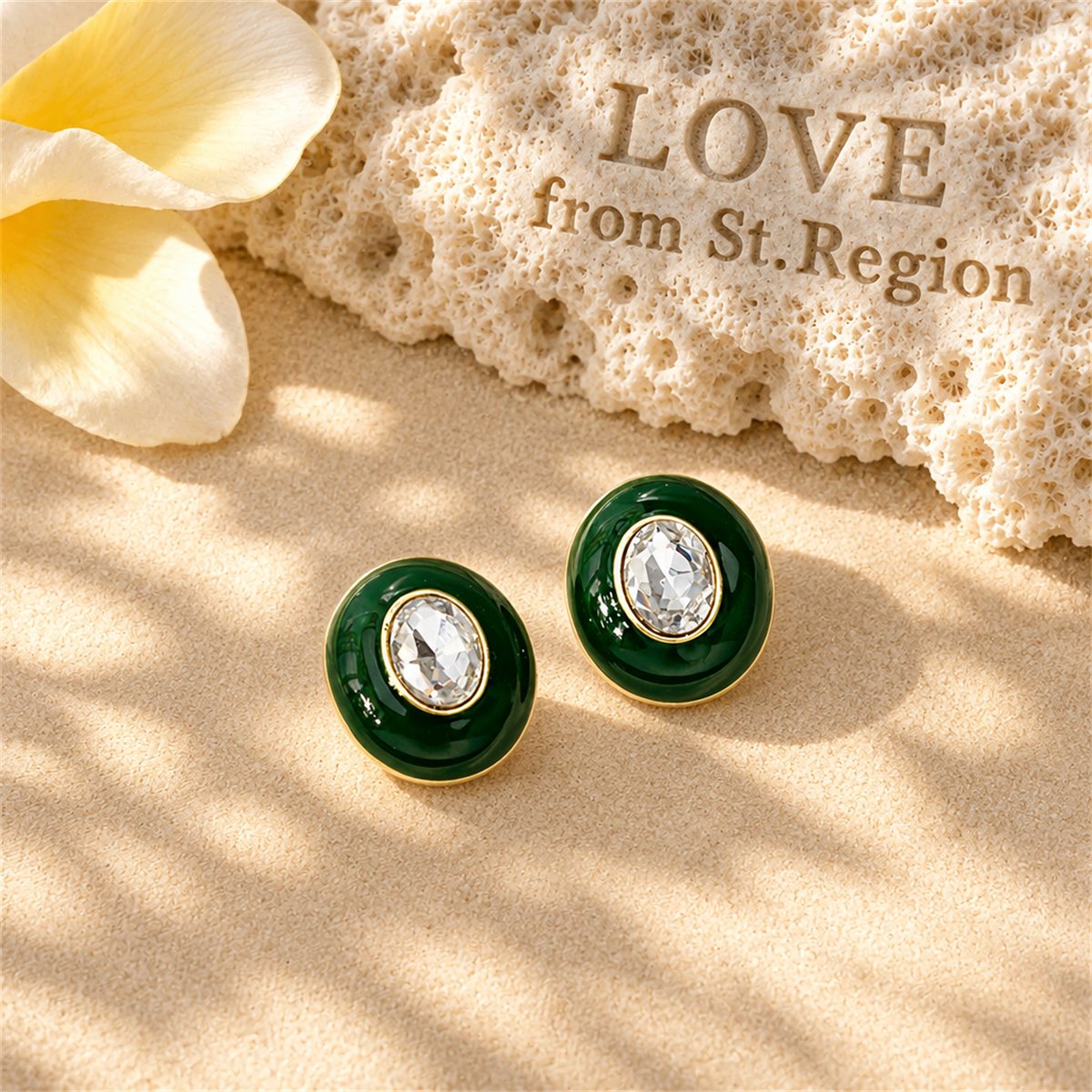Green Enamel and Crystal Oval Stud Earrings, stud earrings for women, everyday style, lifestyle look