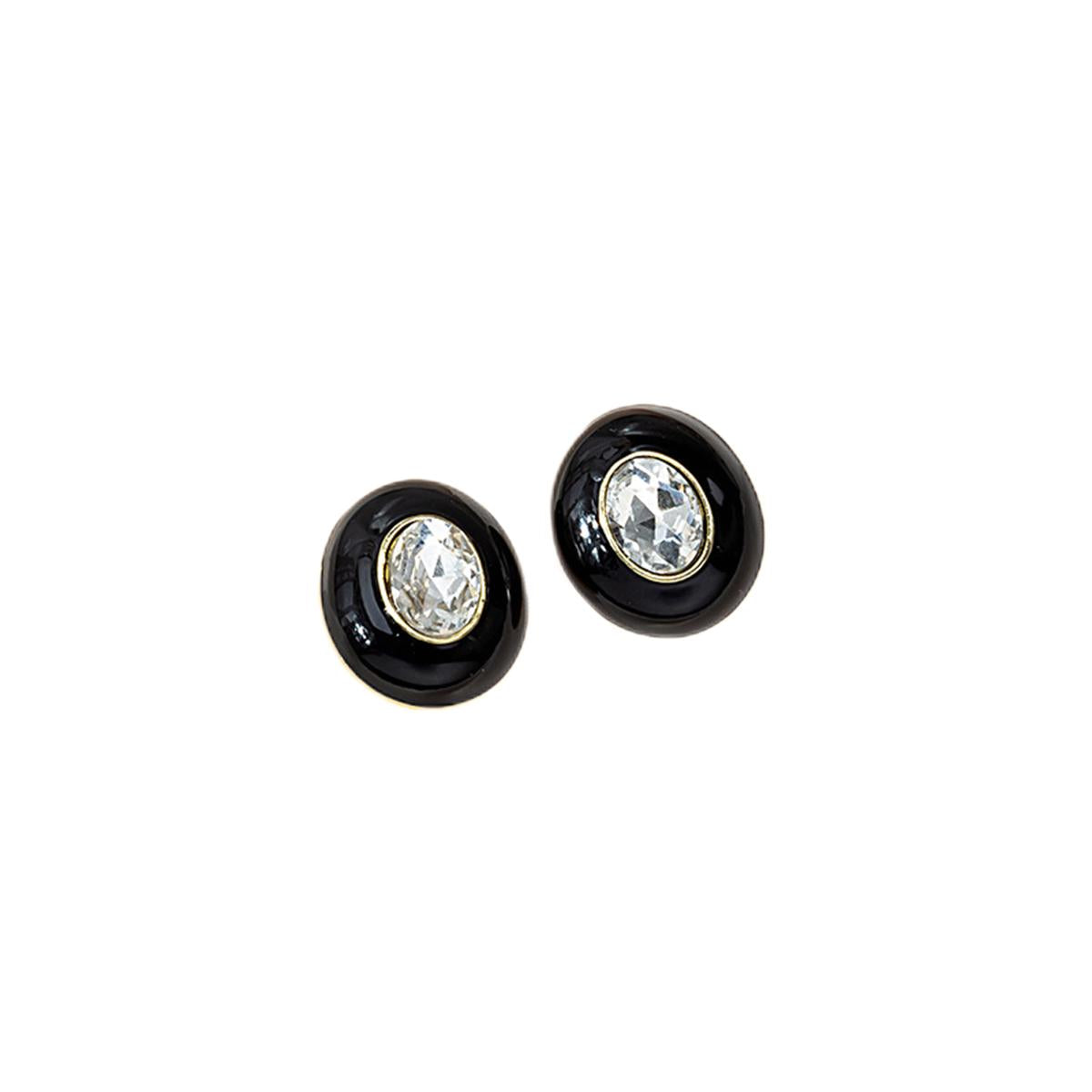 Black Enamel and Crystal Oval Stud Earrings, stud earrings for women, botanical inspired, side view