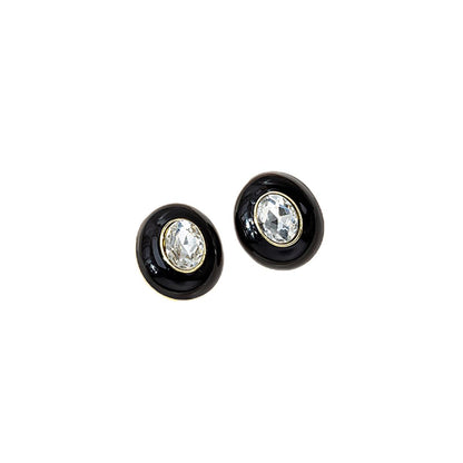 Black Enamel and Crystal Oval Stud Earrings, stud earrings for women, botanical inspired, side view