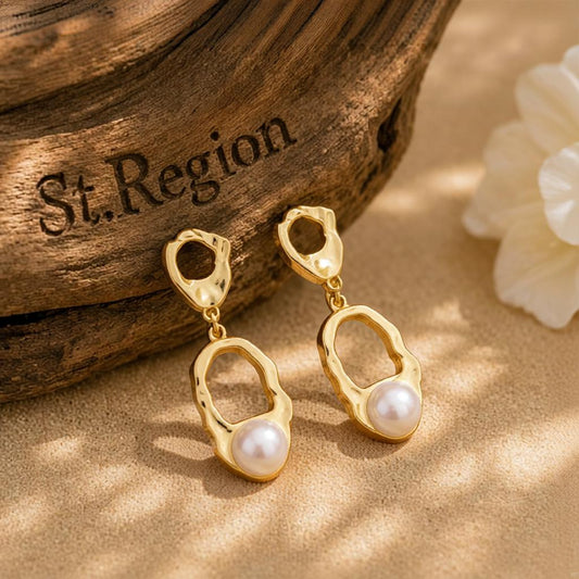 Pearl and 18K Gold-Plated Open Oval Drop Earrings, gold drop earrings for women, vintage-inspired design, front view