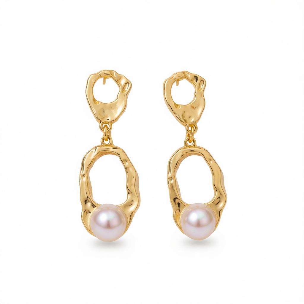 Pearl and 18K Gold-Plated Open Oval Drop Earrings, gold drop earrings for women, vintage-inspired design, side view
