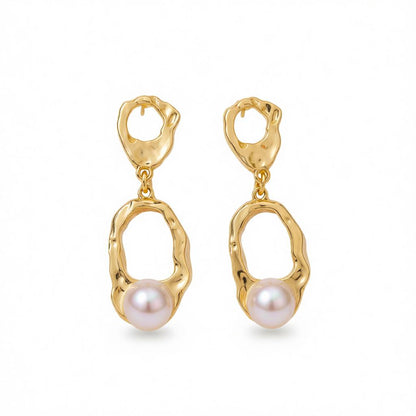 Pearl and 18K Gold-Plated Open Oval Drop Earrings, gold drop earrings for women, vintage-inspired design, side view