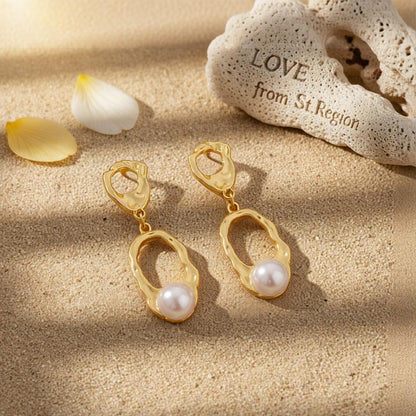 Pearl and 18K Gold-Plated Open Oval Drop Earrings, gold drop earrings for women, vintage-inspired design, lifestyle look