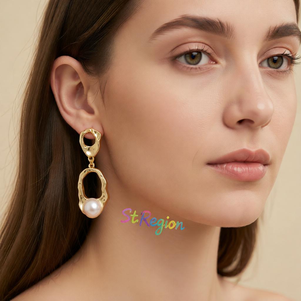 Pearl and 18K Gold-Plated Open Oval Drop Earrings, gold drop earrings for women, vintage-inspired design, styled look