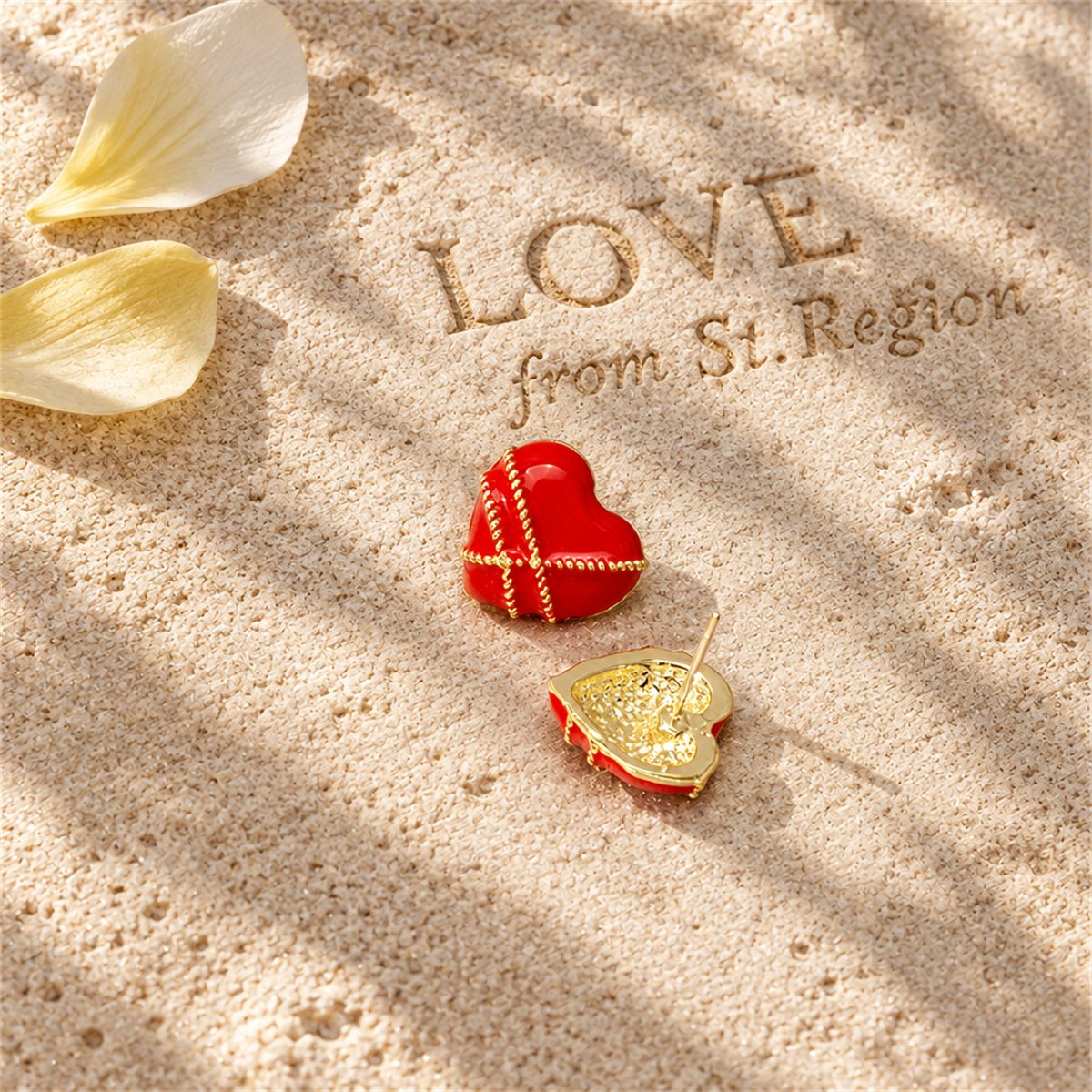 Red Enamel and 18K Gold-Plated Striped Heart Stud Earrings, gold stud earrings for women, lifestyle look