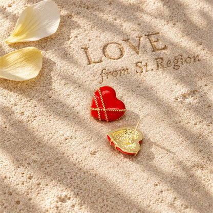 Red Enamel and 18K Gold-Plated Striped Heart Stud Earrings, gold stud earrings for women, lifestyle look