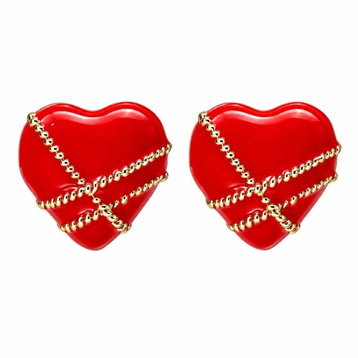 Red Enamel and 18K Gold-Plated Striped Heart Stud Earrings, gold stud earrings for women, elegant gift for her, side view