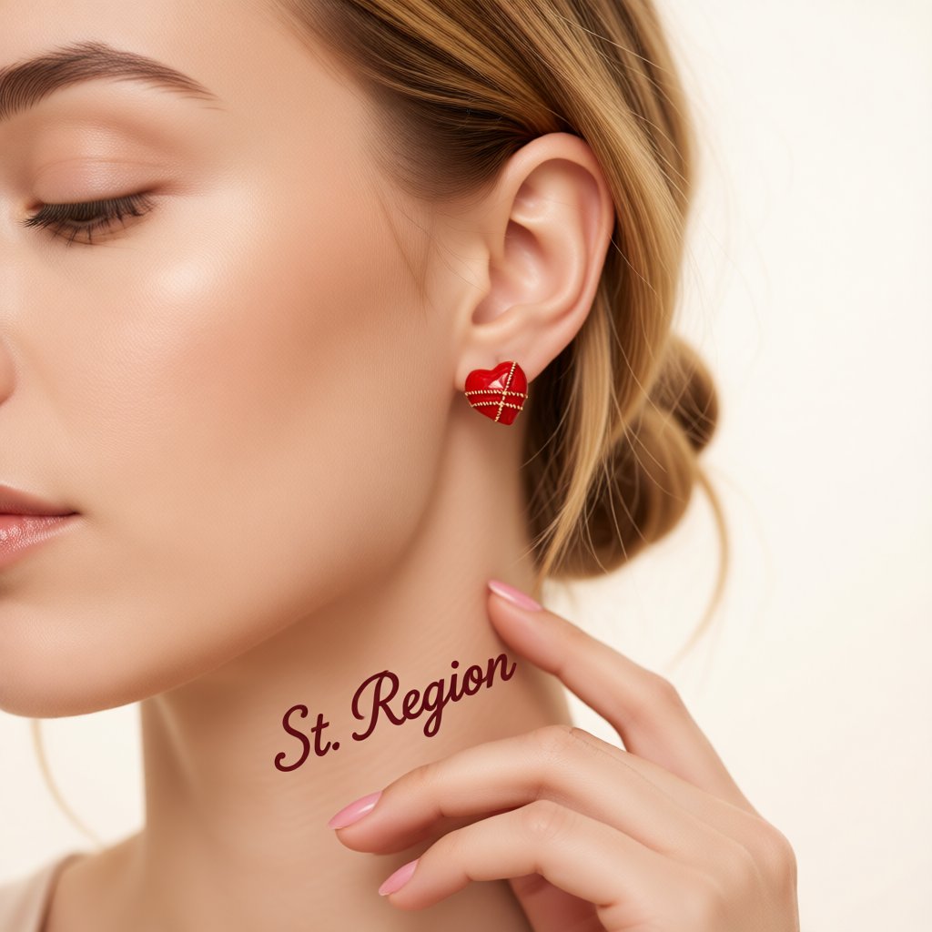 Red Enamel and 18K Gold-Plated Striped Heart Stud Earrings, gold stud earrings for women, elegant gift for her, styled look