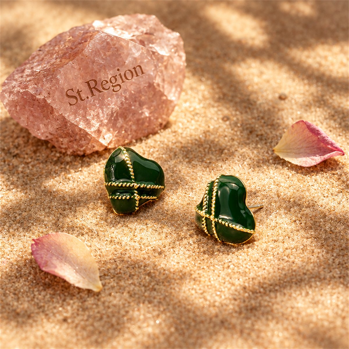 Green Enamel and 18K Gold-Plated Striped Heart Stud Earrings, gold stud earrings for women, detail close-up
