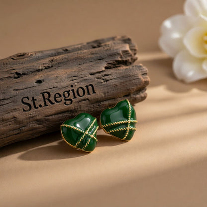 Green Enamel and 18K Gold-Plated Striped Heart Stud Earrings, gold stud earrings for women, botanical inspired, front view