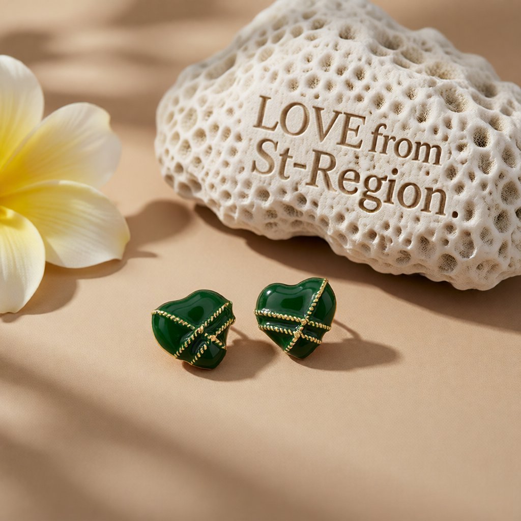 Green Enamel and 18K Gold-Plated Striped Heart Stud Earrings, gold stud earrings for women, lifestyle look