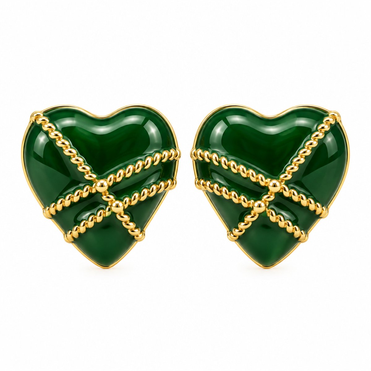 Green Enamel and 18K Gold-Plated Striped Heart Stud Earrings, gold stud earrings for women, botanical inspired, side view