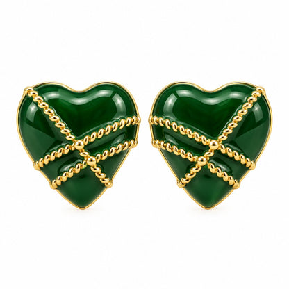 Green Enamel and 18K Gold-Plated Striped Heart Stud Earrings, gold stud earrings for women, botanical inspired, side view