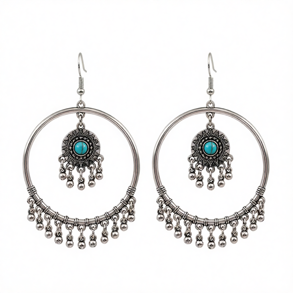 Turquoise & Silver-Plated Tassel Drop Earrings