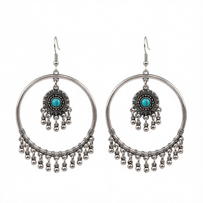 Turquoise & Silver-Plated Tassel Drop Earrings