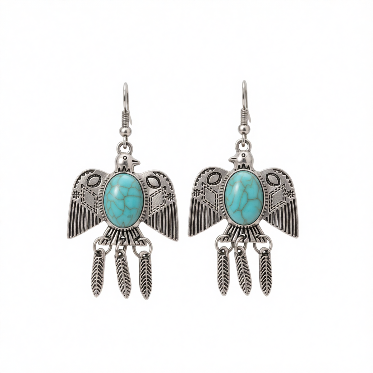 Blue Turquoise & Silver-Plated Swallow Drop Earrings