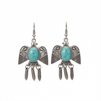 Blue Turquoise & Silver-Plated Swallow Drop Earrings