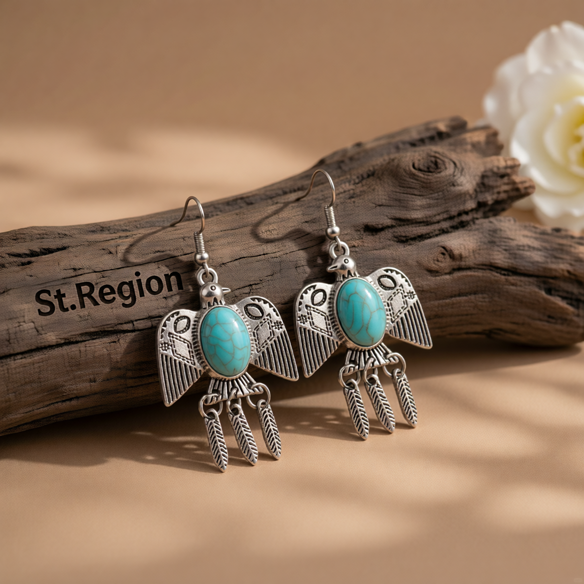 Blue Turquoise & Silver-Plated Swallow Drop Earrings