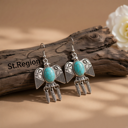 Blue Turquoise & Silver-Plated Swallow Drop Earrings