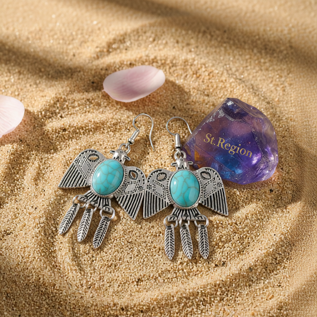 Blue Turquoise & Silver-Plated Swallow Drop Earrings
