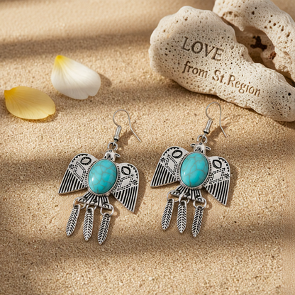 Blue Turquoise & Silver-Plated Swallow Drop Earrings