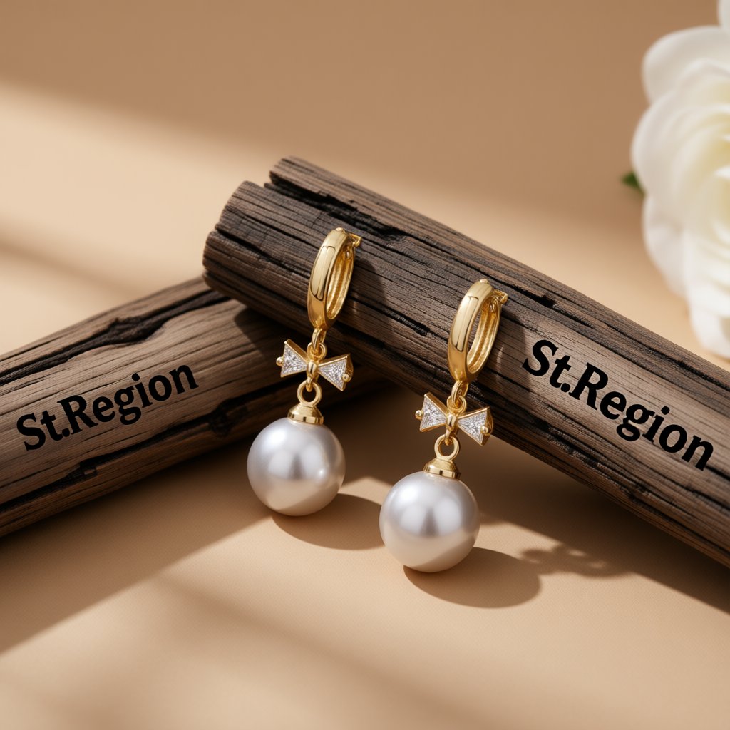 Crystal and Pearl 18K Gold-Plated Bow Huggie Earrings, gold huggie earrings, everyday style, front view