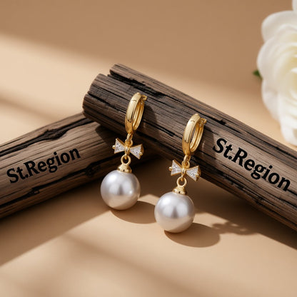 Crystal and Pearl 18K Gold-Plated Bow Huggie Earrings, gold huggie earrings, everyday style, front view